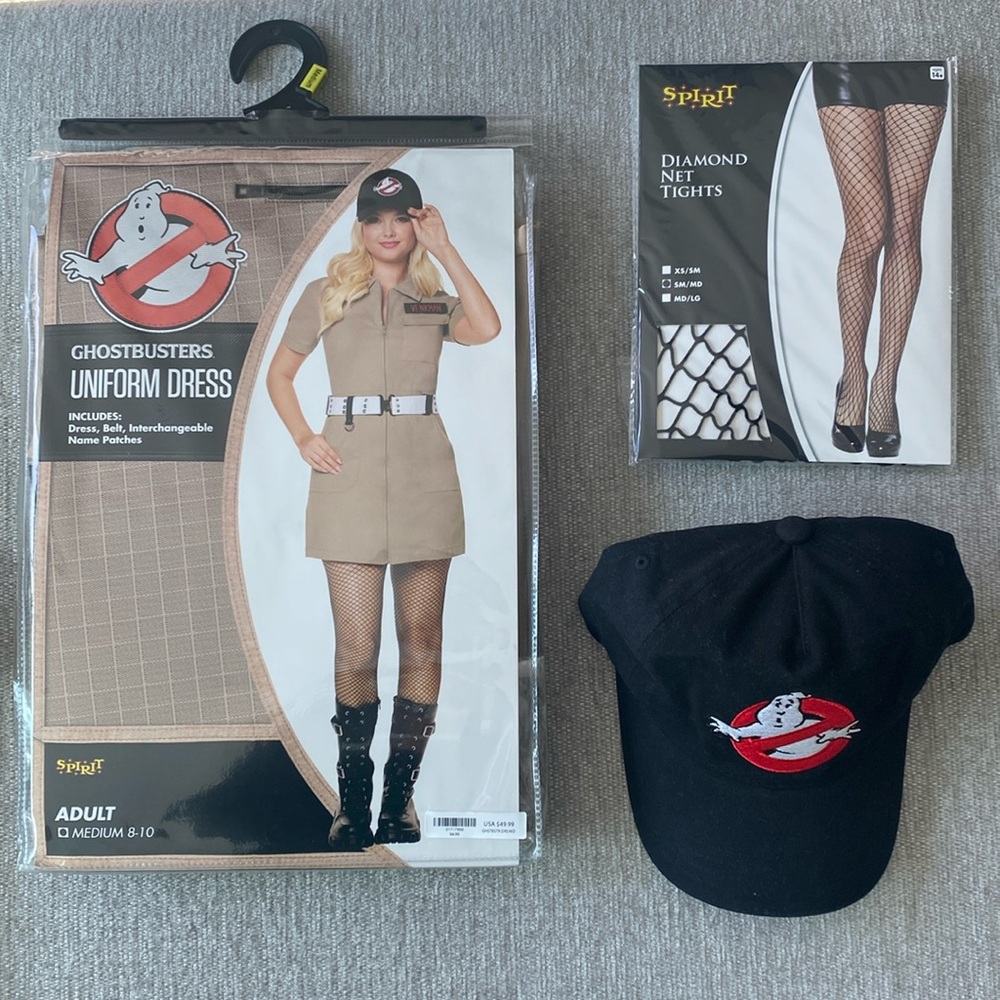 SPIRIT GHOSTBUSTERS HALLOWEEN COSTUME SET | Dress Belt 4 Name Tags Tights & Hat